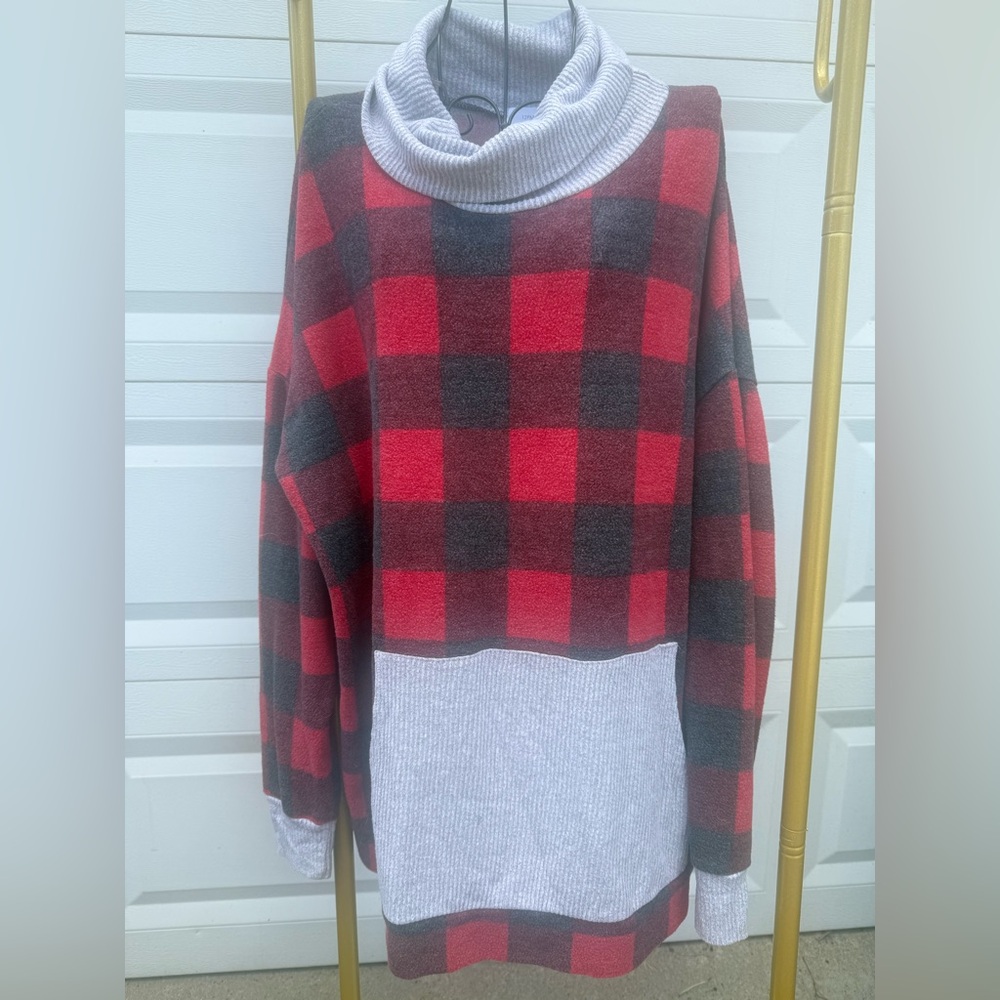 Plaid Red and Gray Women's Cowl Neck Sweater